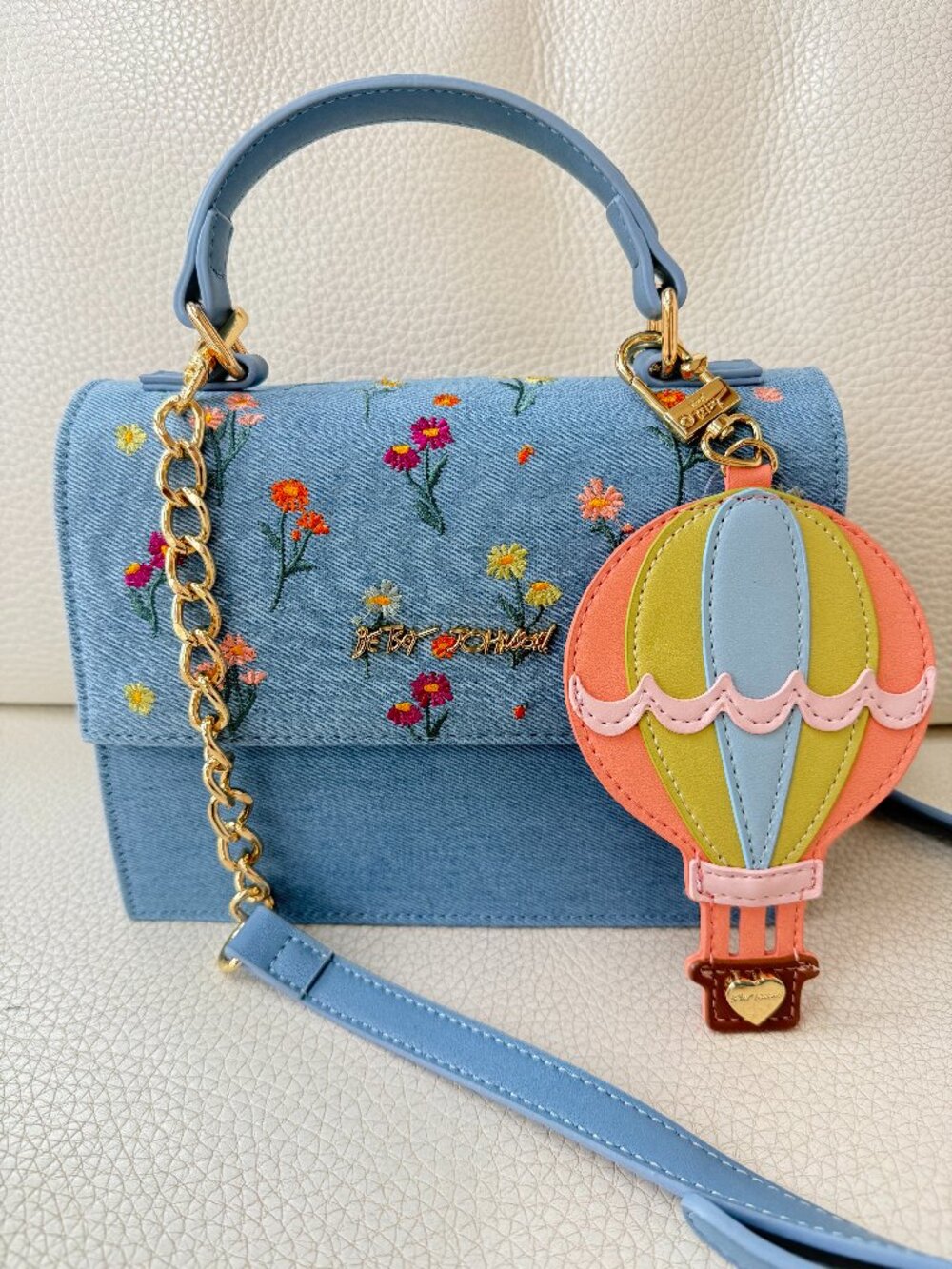 NWT Betsey Johnson Denim Floral Embroidered Handbag Satchel Crossbody Bag Charm